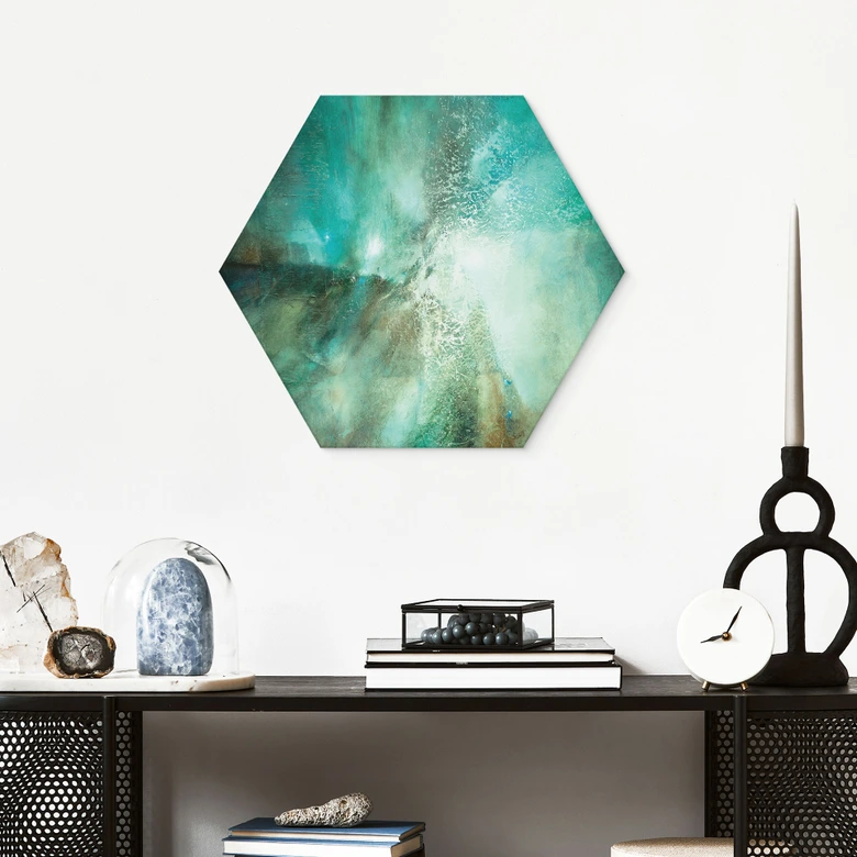 Hexagon Wandbild Abstraktes Türkis in Licht und Struktur - Schmucker - Alu-Dibond 