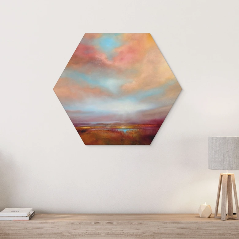 Hexagon Wandbild Leuchtendes Feld im Sonnenlicht - Schmucker - Alu-Dibond 