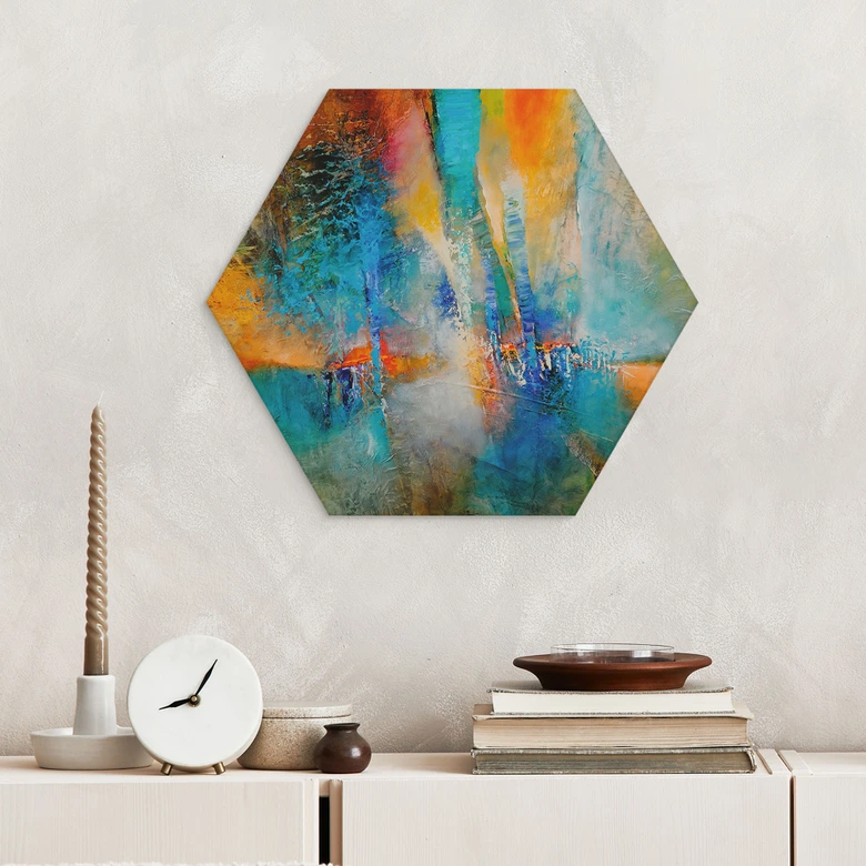 Hexagon Wandbild Urbanes Licht in Blau und Orange - Schmucker - Alu-Dibond 