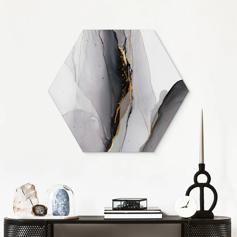 Hexagon Wandbild Abstrakte Komposition in Gold und Grau - Shelest - Alu-Dibond 