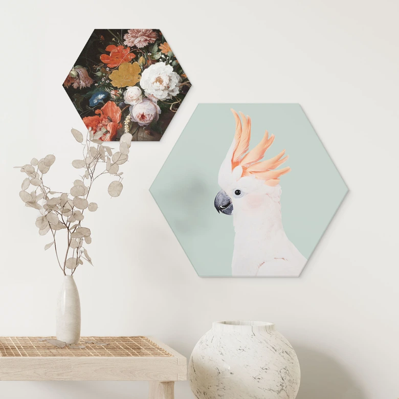 Hexagon Dibond Roze kaketoe dierenportret - Sisi & Seb 