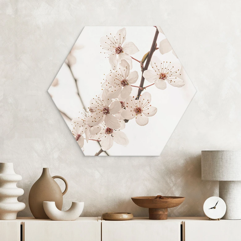 Hexagon Wandbild Zweig mit weißen Kirschblüten - Sisi & Seb - Alu-Dibond 