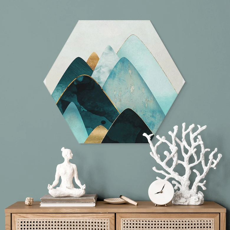 Hexagon Dibond Abstracte bergen in goud en blauw - SpaceFrog Designs 