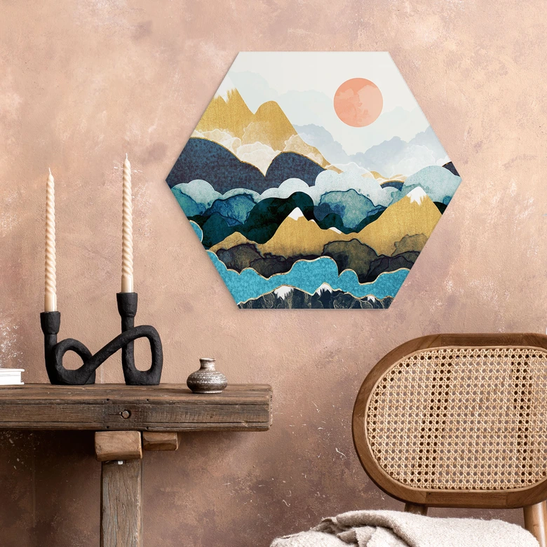 Hexagon Dibond Bergtop boven de wolken - SpaceFrog Designs 