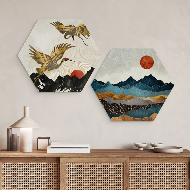 Hexagon Wandbild SpaceFrog Designs - Bernsteinfarbene Sonne - Alu-Dibond 