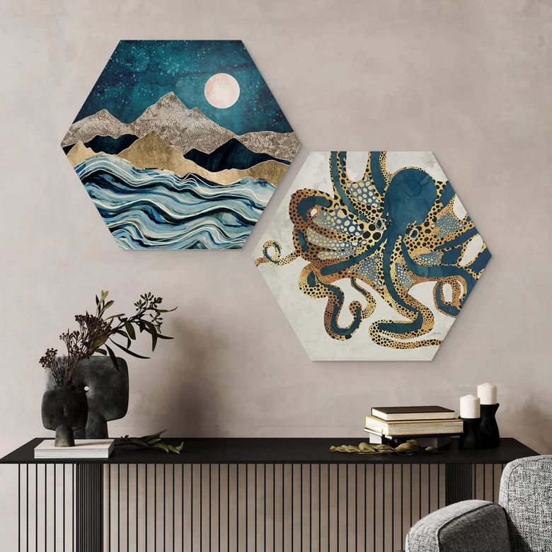 Hexagon Wandbild SpaceFrog Designs - Goldener Oktopus - Alu-Dibond 