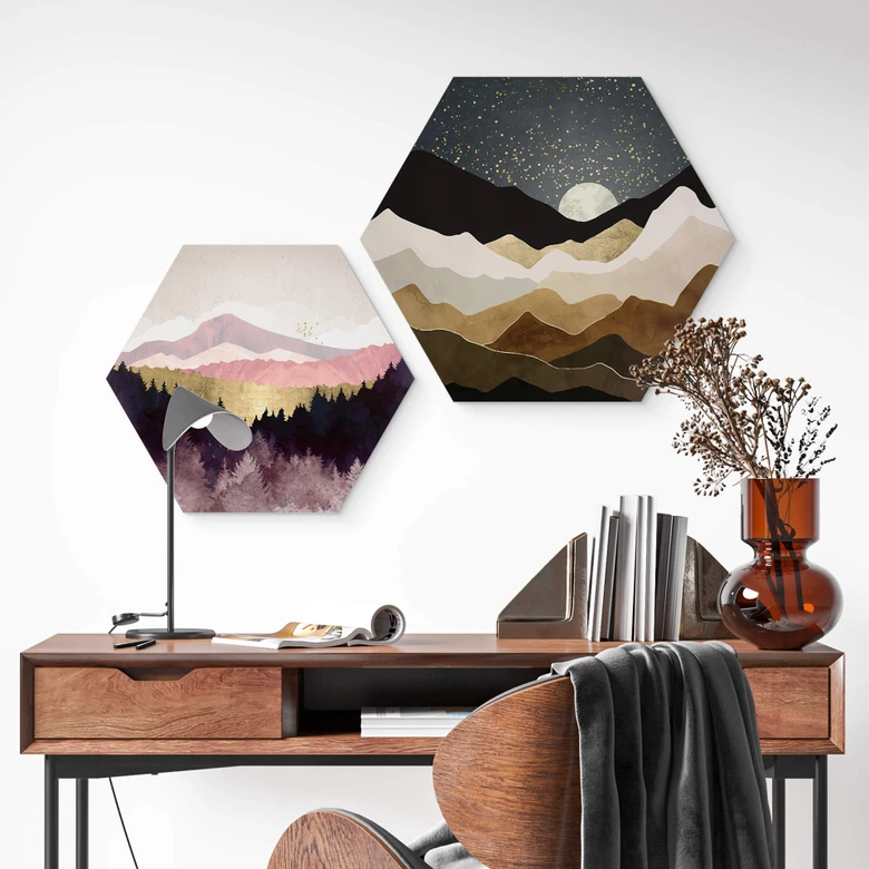 Wandbild SpaceFrog Designs - Lila Wald - Hexagon Alu-Dibond 