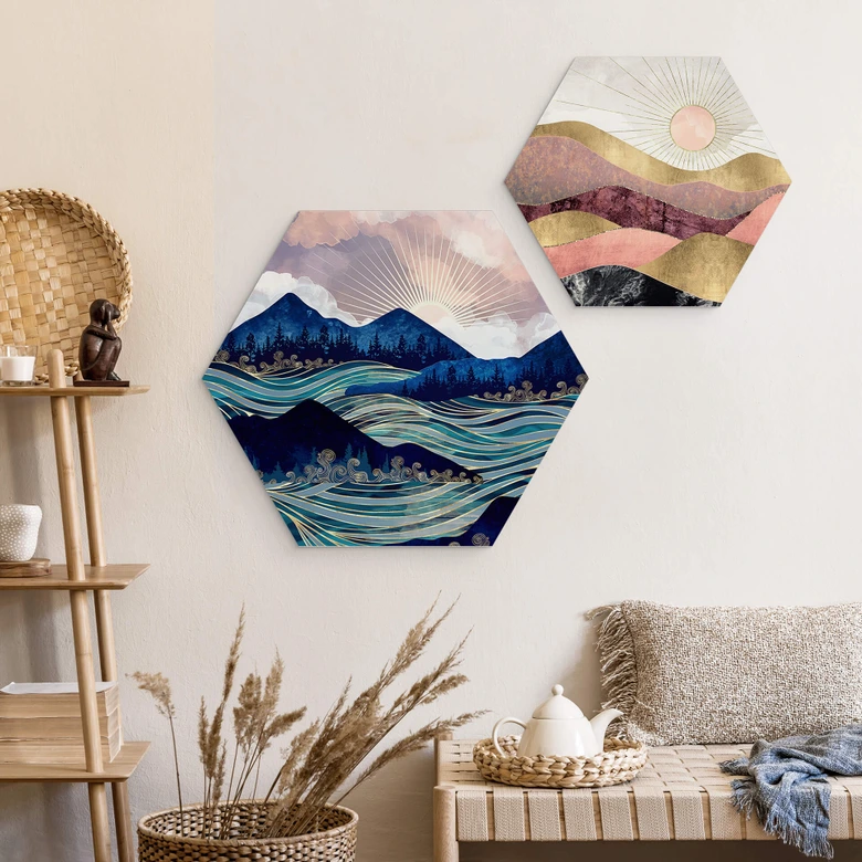 Hexagon Wandbild SpaceFrog Designs - Rosa Sonne - Alu-Dibond 