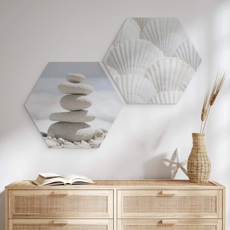 Hexagon Wandbild - Steine am Meer - Alu-Dibond 