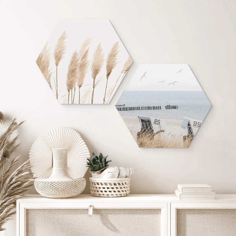 Hexagon Wandbild Strand mit Meerblick - Alu-Dibond 