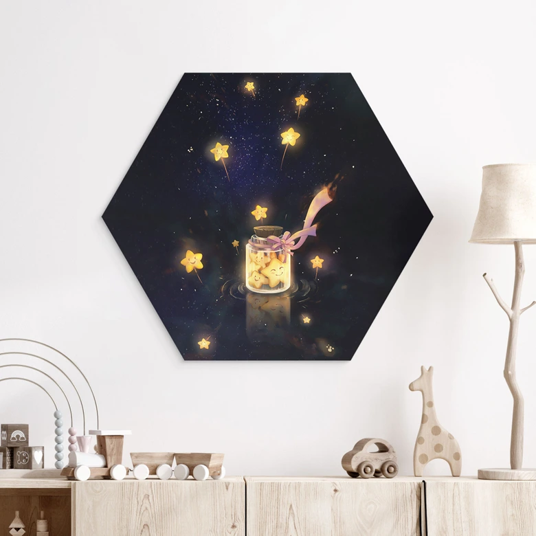 Hexagon Wandbild Sternenfänger: Ein Glas voller Wünsche - Thai - Alu-Dibond 