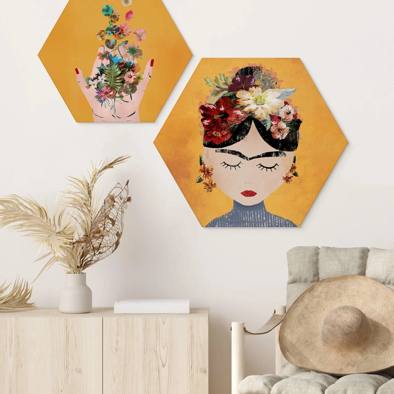 Hexagon Wandbild Treechild - Blumige Frida - Alu-Dibond 