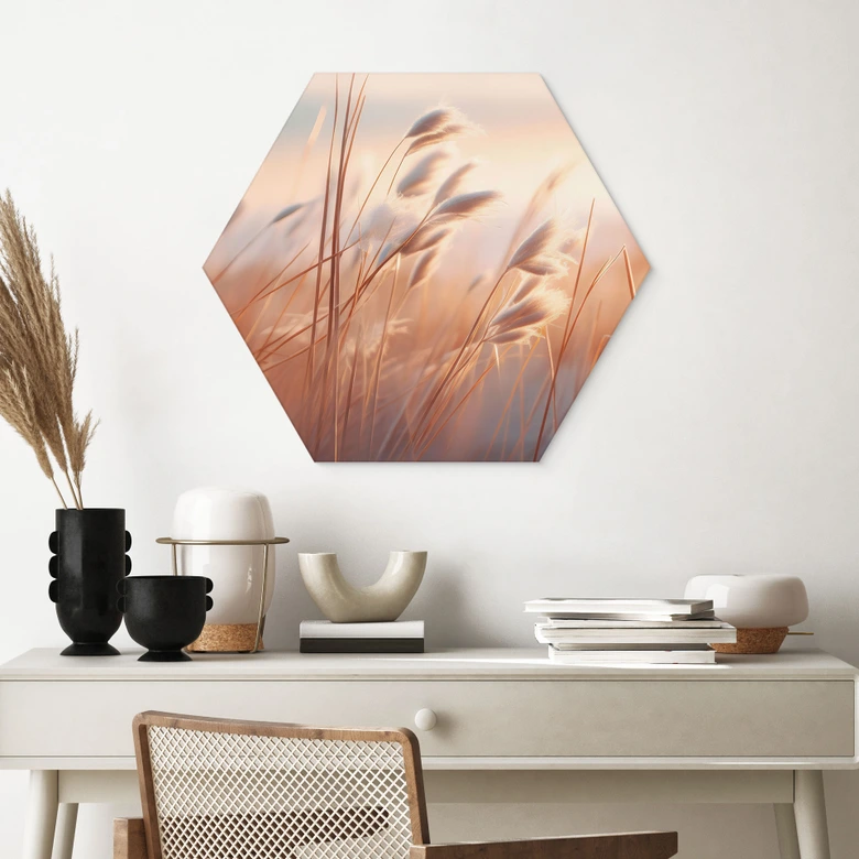 Hexagon Wandbild Dünengras in der Abendsonne - Treechild - Alu-Dibond 