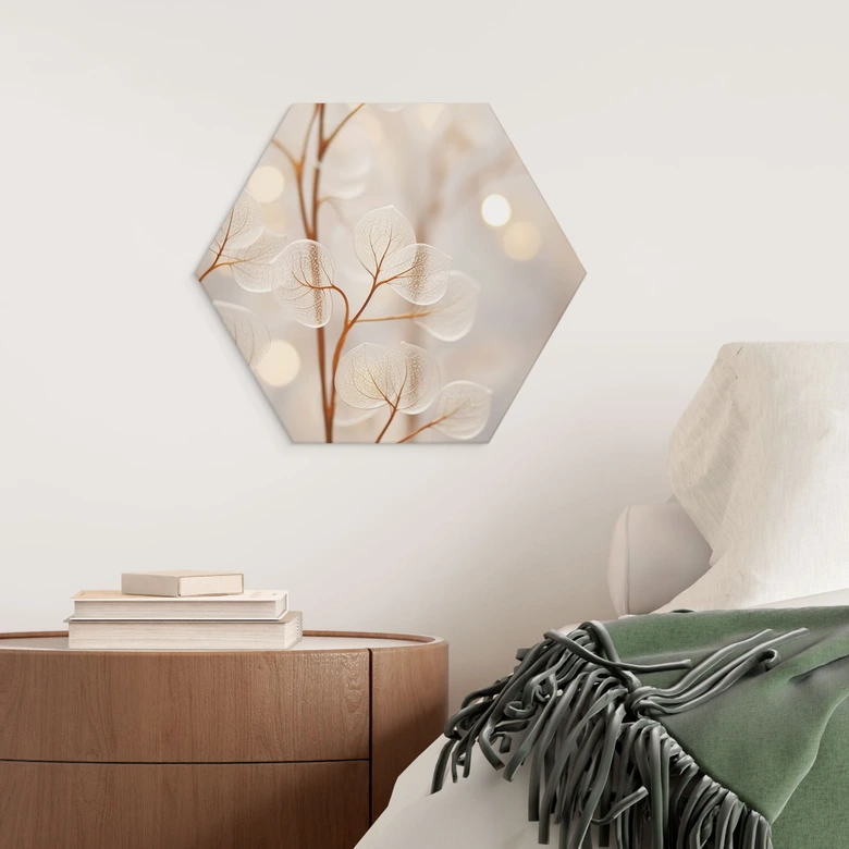 Tableaux Hexagonaux Feuilles Filigranes Beige - Alu-Dibond - Treechild 