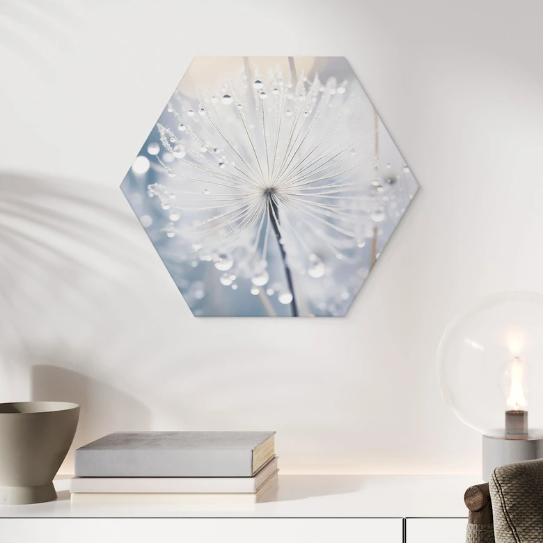 Hexagon Wandbild Funkelnde Pusteblumen - Treechild - Alu-Dibond  