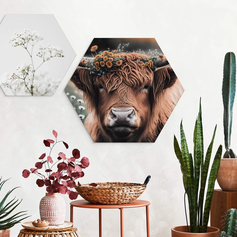 Hexagon Wandbild Treechild - Hochlandkuh mit Blütenkranz - Alu-Dibond 