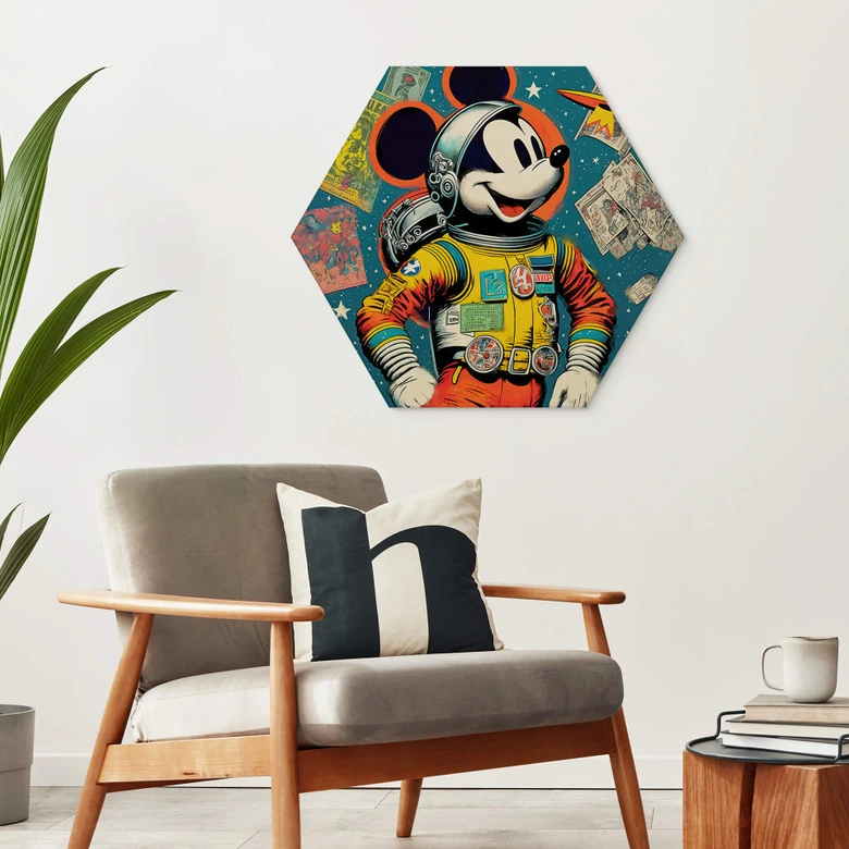 Hexagon Wandbild Treechild - Mickey als Astronaut im Retro Stil - Alu-Dibond 