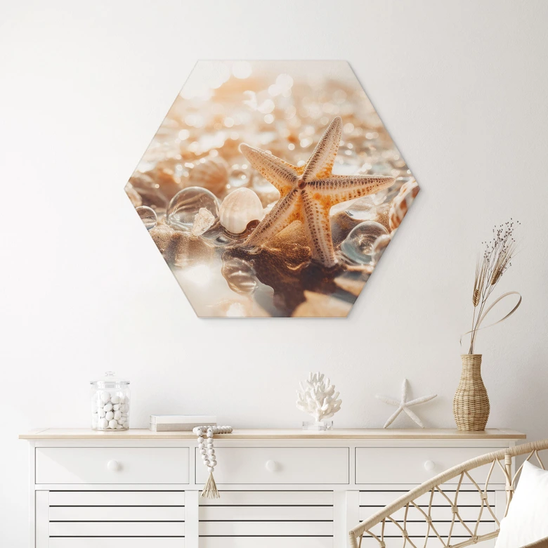 Hexagon Wandbild Muscheln am sonnigen Strand - Treechild - Alu-Dibond 