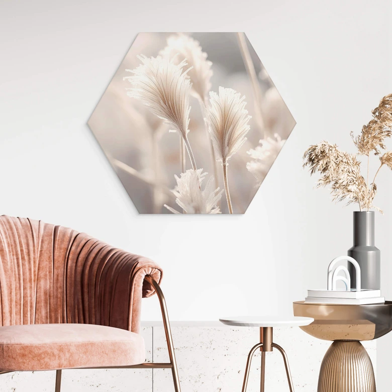 Hexagon Wandbild Pastellfarbene Gräser - Alu-Dibond - Treechild 