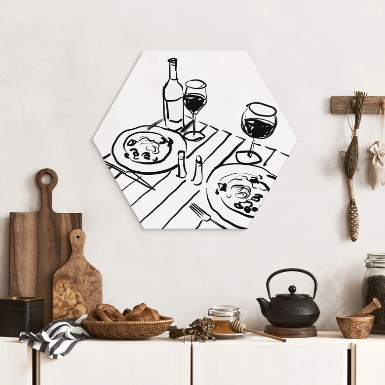 Hexagon Wandbild Stillleben-Dinner mit Wein - Treechild - Alu-Dibond 