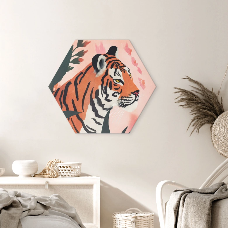 Hexagon Dibond Tijger in een roze jungle - Treechild 