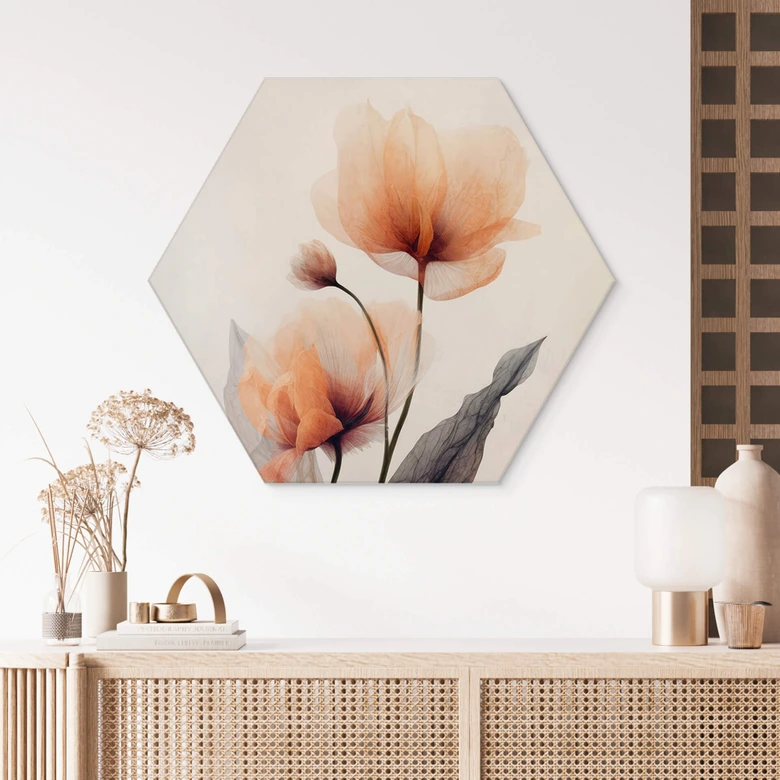 Hexagon Wandbild Zarte Blüten- Alu-Dibond - Treechild 
