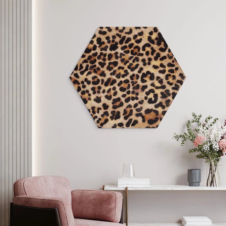 Hexagon Wandbild Wilder Leopard - Animal Print - Tunaboylu - Alu-Dibond 