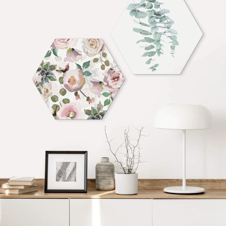 Hexagon - Alu-Dibond UN Designs - Blumen im Gemälde Stil 