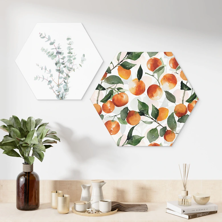 Hexagon Wandbild Fruchtige Mandarinen - UN Designs - Alu-Dibond 