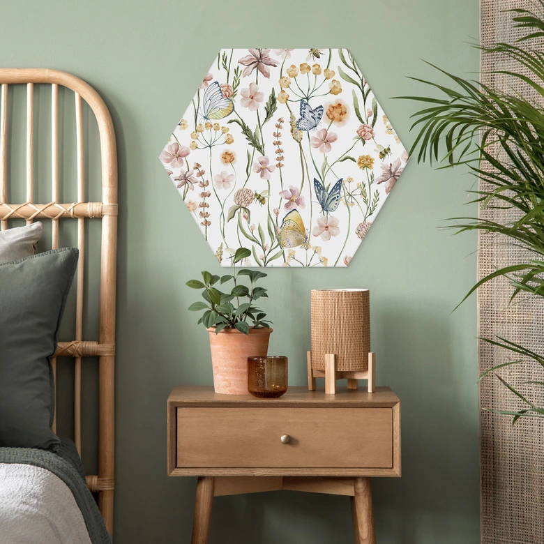 Hexagon Dibond Lenteweide met vlinders - UN Designs 