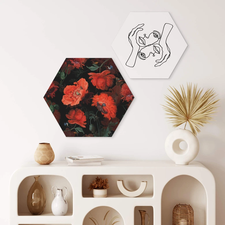 Hexagon - Alu-Dibond UN Designs - Rote Blüten 