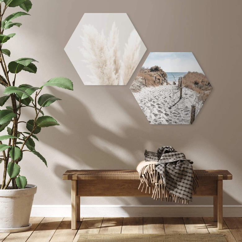 Hexagon Wandbild Strandaufgang Dünen - Alu-Dibond 