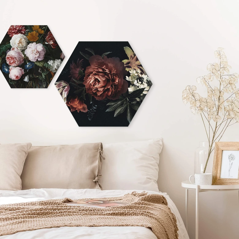 Hexagon - Alu-Dibond Blumenbouquet Rot 