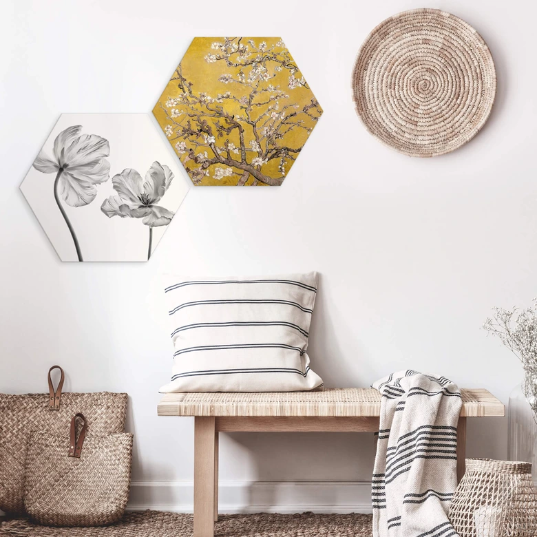Hexagon - Alu-Dibond van Gogh - Mandelblüte Ocker 