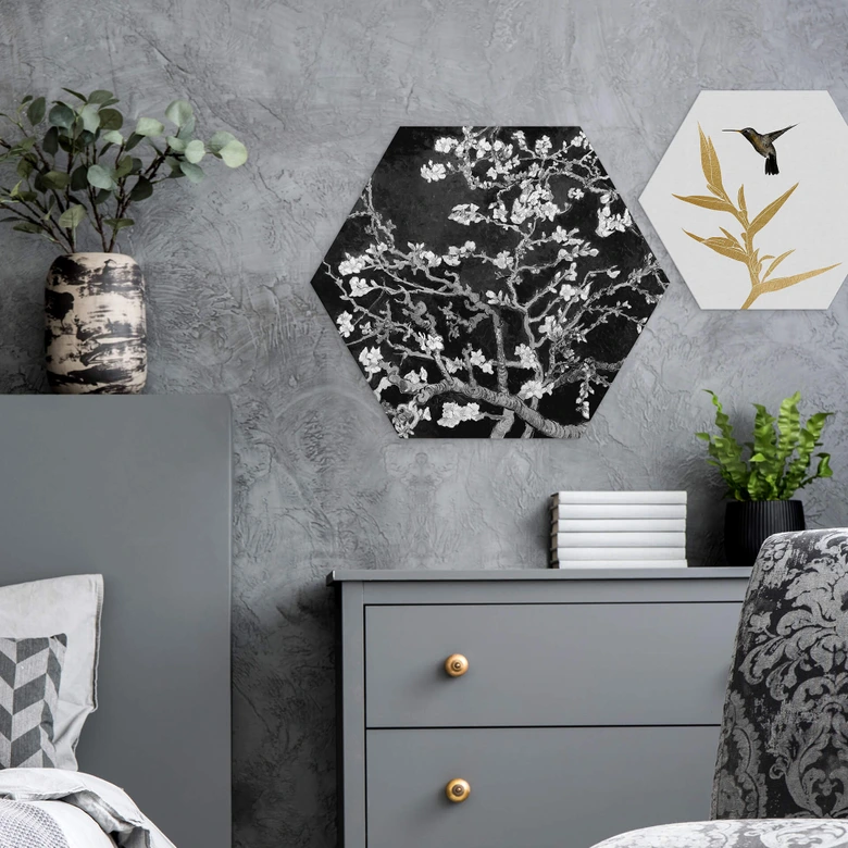 Hexagon - Alu-Dibond van Gogh - Mandelblüte - schwarz 