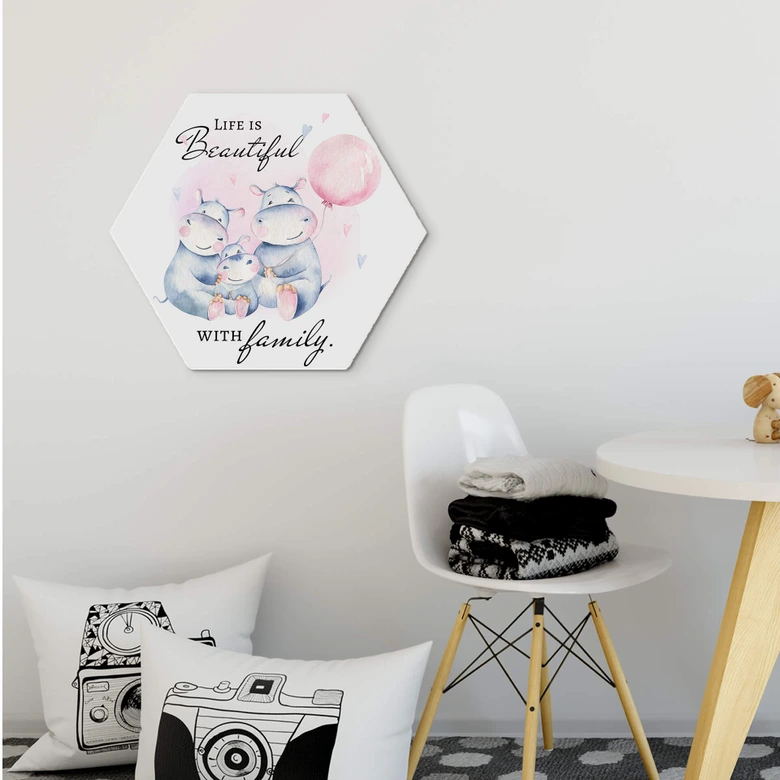 Hexagon - Alu-Dibond Kvilis - Flusspferde Life is beautiful with family 