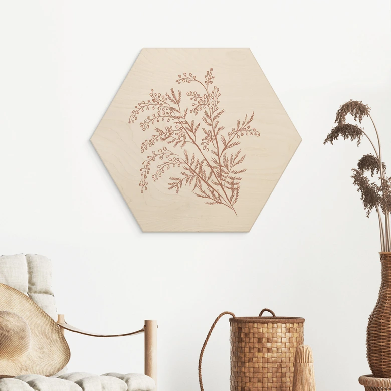 Hexagon Holzbild Zweig der Akazie in Mokkafarben - Anis Illustration 