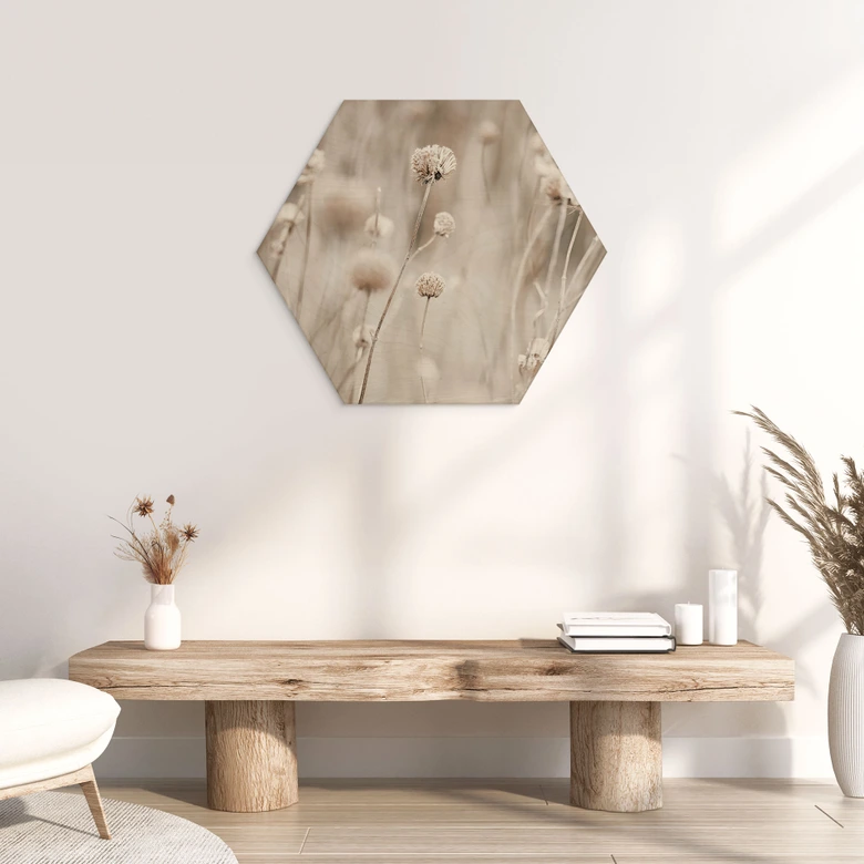 Hexagon Holzbild Getrocknete Blüten in sanften Tönen - Annie 