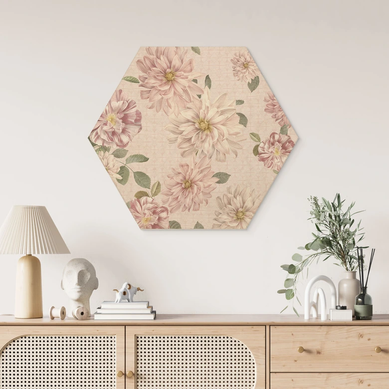 Hexagon Wood Print Dahlias Shabby Chic Pink - Bloomery Decor 