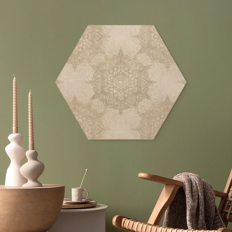 Tableau sur bois Hexagon Mandala élégant en or sable - Décor Bloomery 