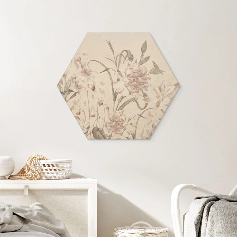 Tableau sur bois hexagonal Prairie florale en rose clair - Décor Bloomery 