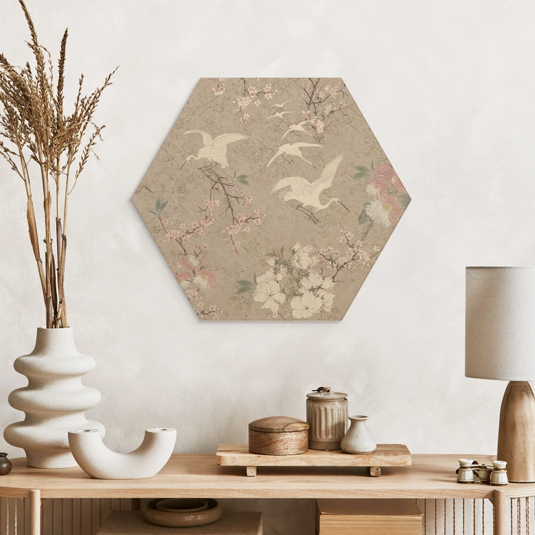Hexagon Holzbild Kraniche im Kirschblüten-Rausch Beige - Bloomery Decor 