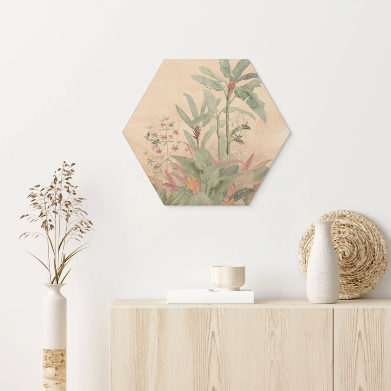 Hexagon Holzbild Tropische Idylle mit Kolibri Apricot - Bloomery Decor 