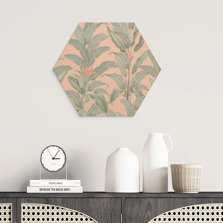 Hexagon Holzbild Urban Jungle Tropenblätter Rosa - Bloomery Decor 