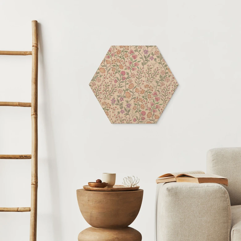 Hexagon Wood Print Meadow Flowers Vintage - Beige - Bloomery Decor 