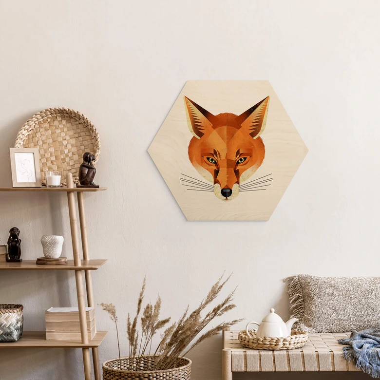 Hexagon Holzbild mit Tier-Motiv - Fuchs - Braun 