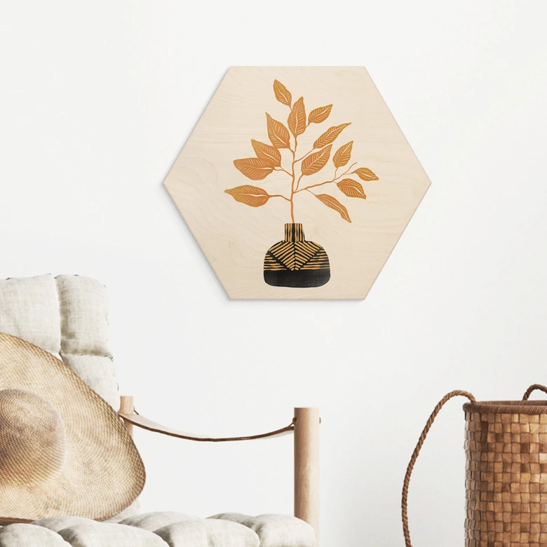 Hexagon Holzbild Goldener Zweig mit Blättern - Cats & Dotz 