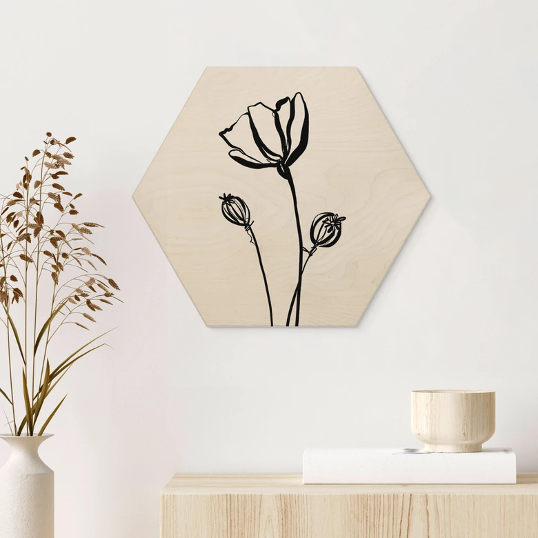 Hexagon Holzbild Line Art Mohnblume - Cats & Dotz 