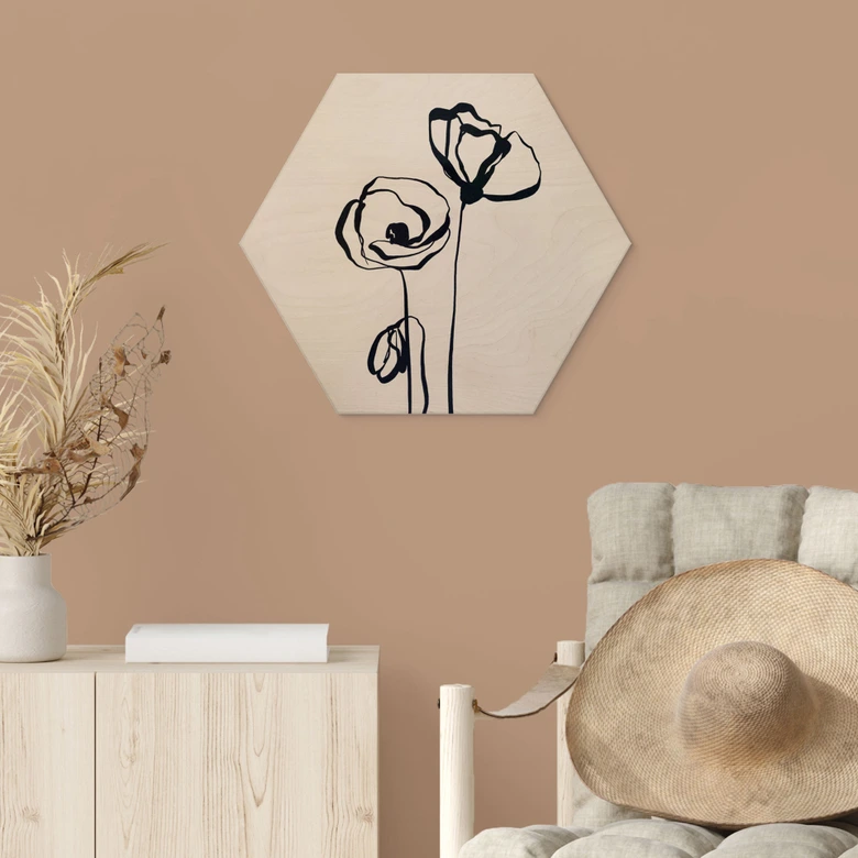 Hexagon Holzbild Line Art Zwei Mohnblumen - Cats & Dotz 