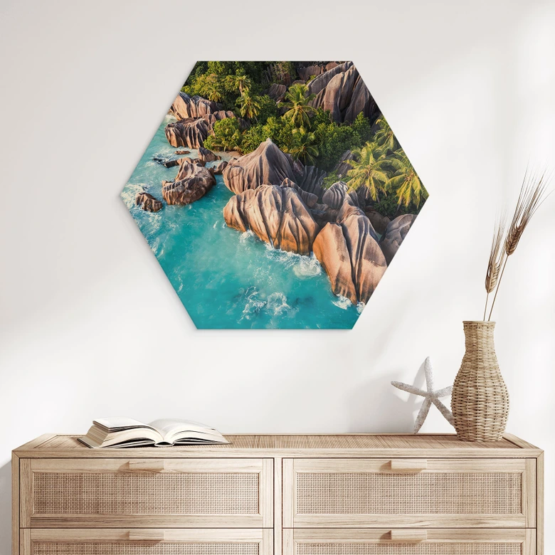 Hexagon Holzbild Tropische Felsenküste der Seychellen - Colombo 